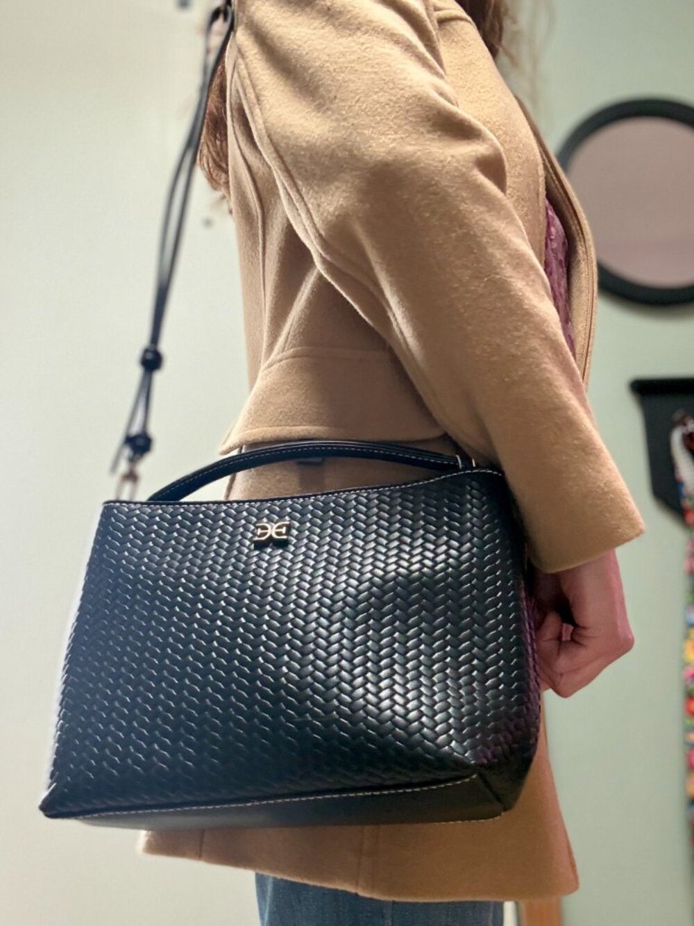 Sam Edelman Eva Black Woven Leather Satchel Crossbody with Top Handle - NWT